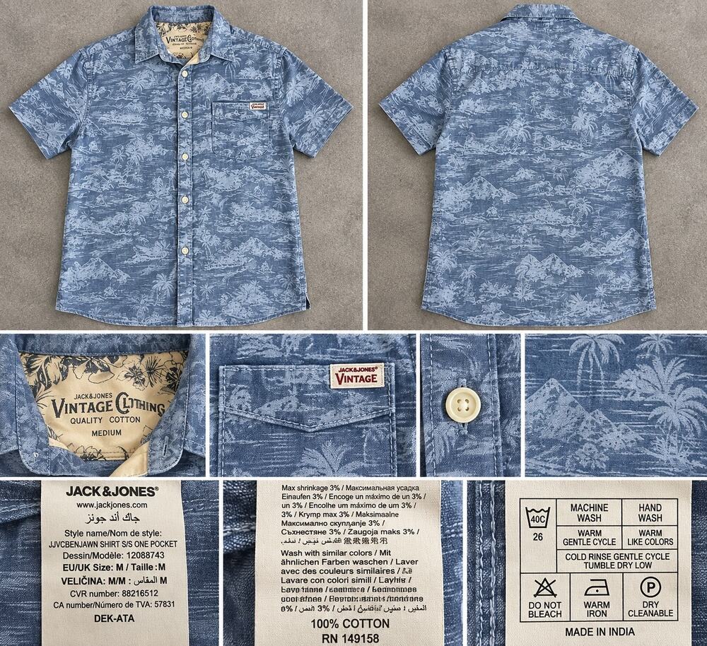 Jack & Jones Vintage Men's Blue Tropical Hawaiian Print Shirt Size M
